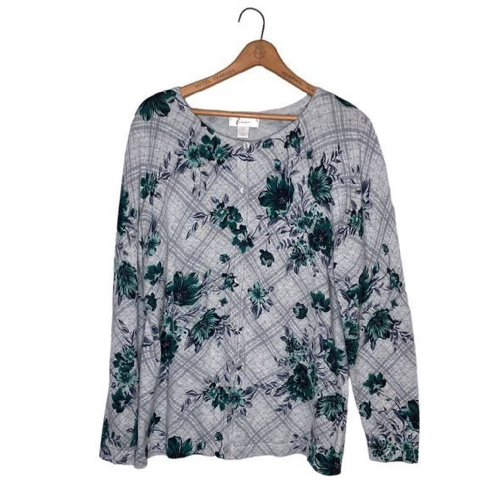 CJ Banks 0X X Gray Plaid Green Floral Cotton Button Cardigan Sweater 14W Plus
